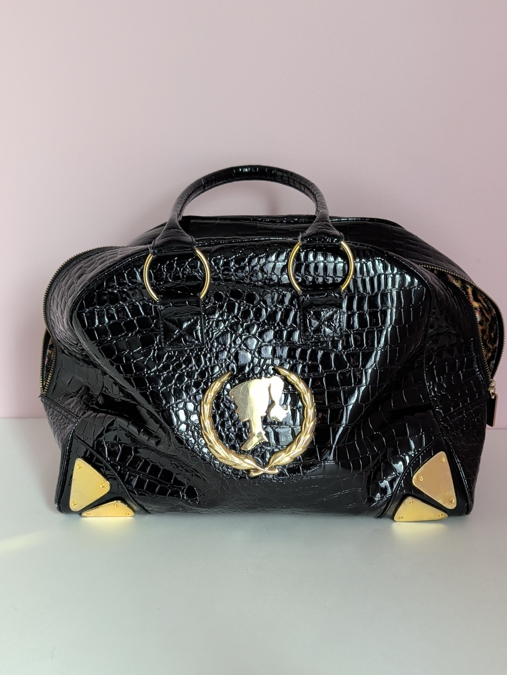 Barbie Luxe Patricia Field Black Gold Faux Croc Vintage Y2K Satchel Purse XL